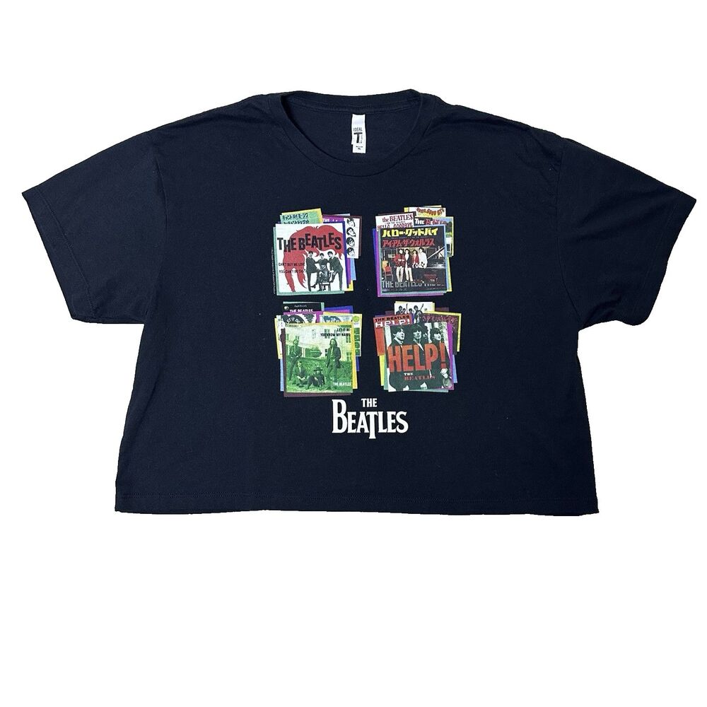 The Beatles Womens XL Crop Top Graphic Tee‎ Let It Be Record Art Black Casual